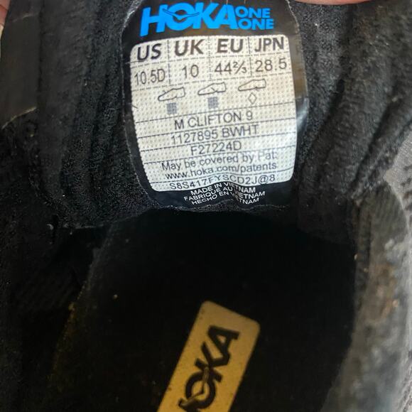 Hoka Clifton 9 Mens 10.5 D Black Running Shoes Sneakers 1127895 BWHT main image 2